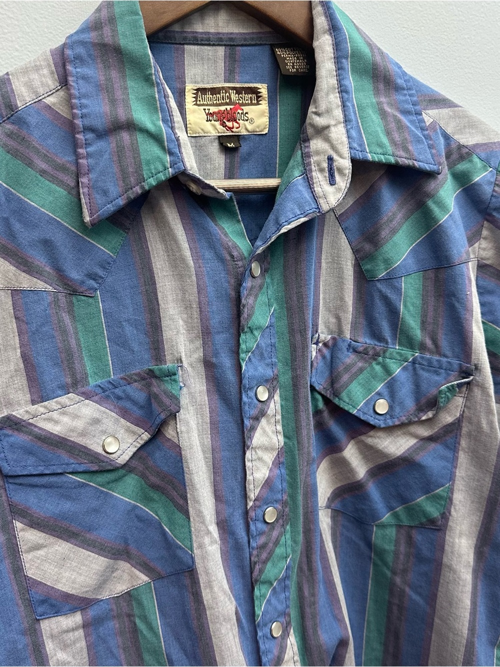 Vintage Authentic Western Youngbloods Blue Green Stripe Short Sleeve PearlSnap M